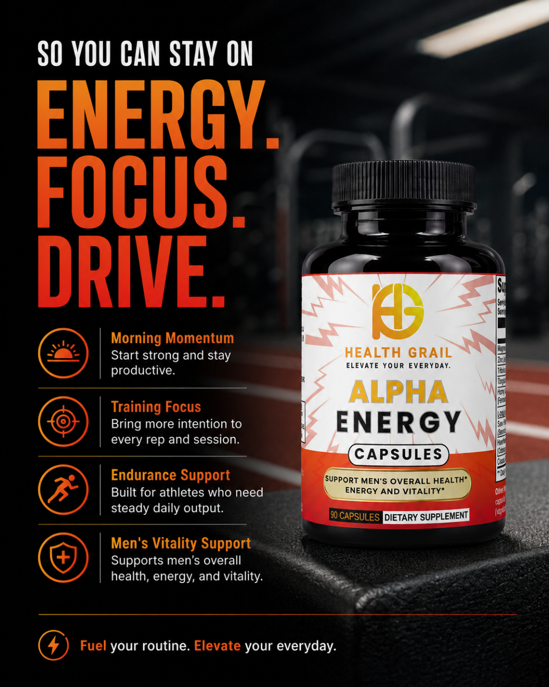 Health-Grail Alpha Energy capsules for energy focus drive and men's vitality