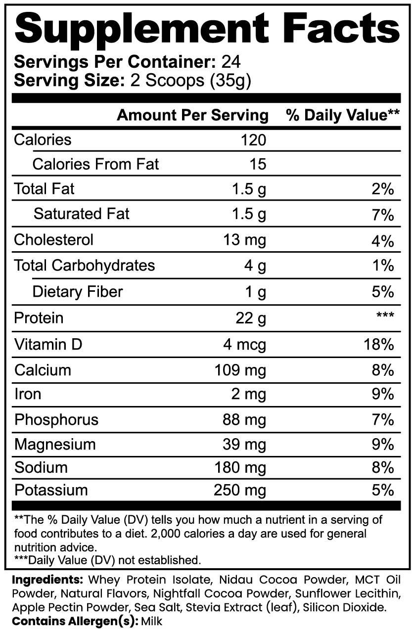 Nutrition label for a supplement showing calories, fat content, and other nutritional details.