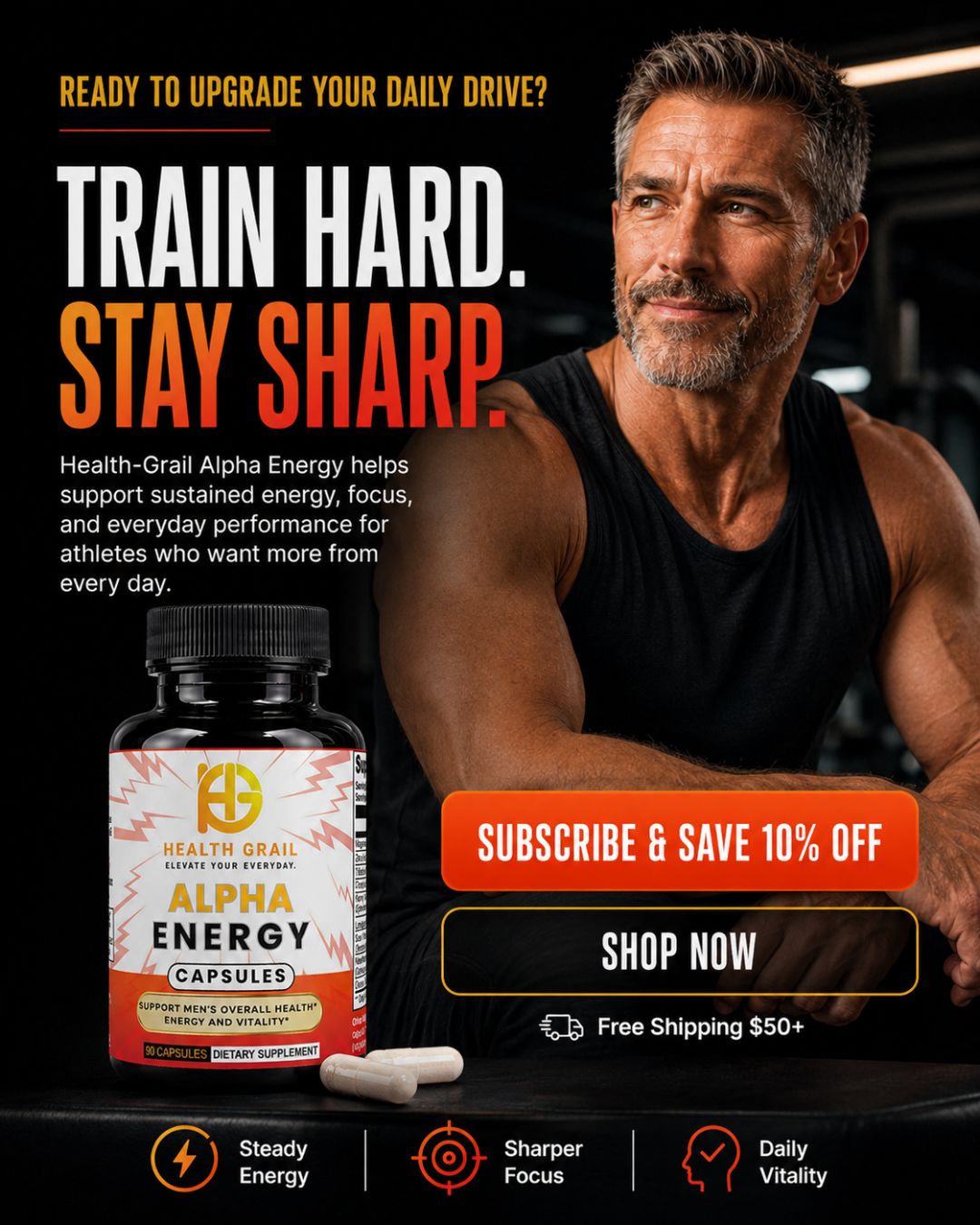 Male athlete with Health-Grail Alpha Energy supplement