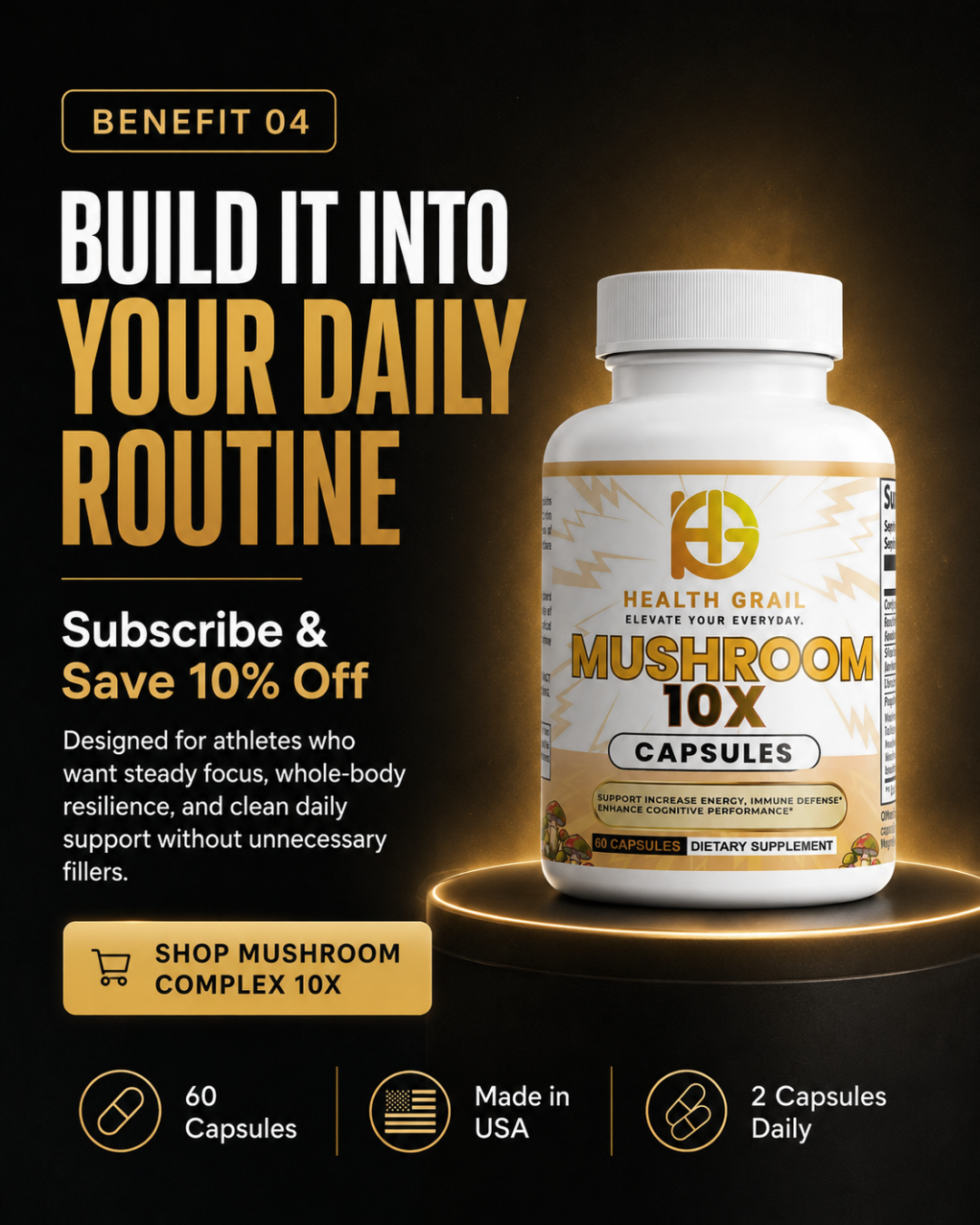 Health Grail Mushroom 10X Capsules bottle with promotional text on a dark background