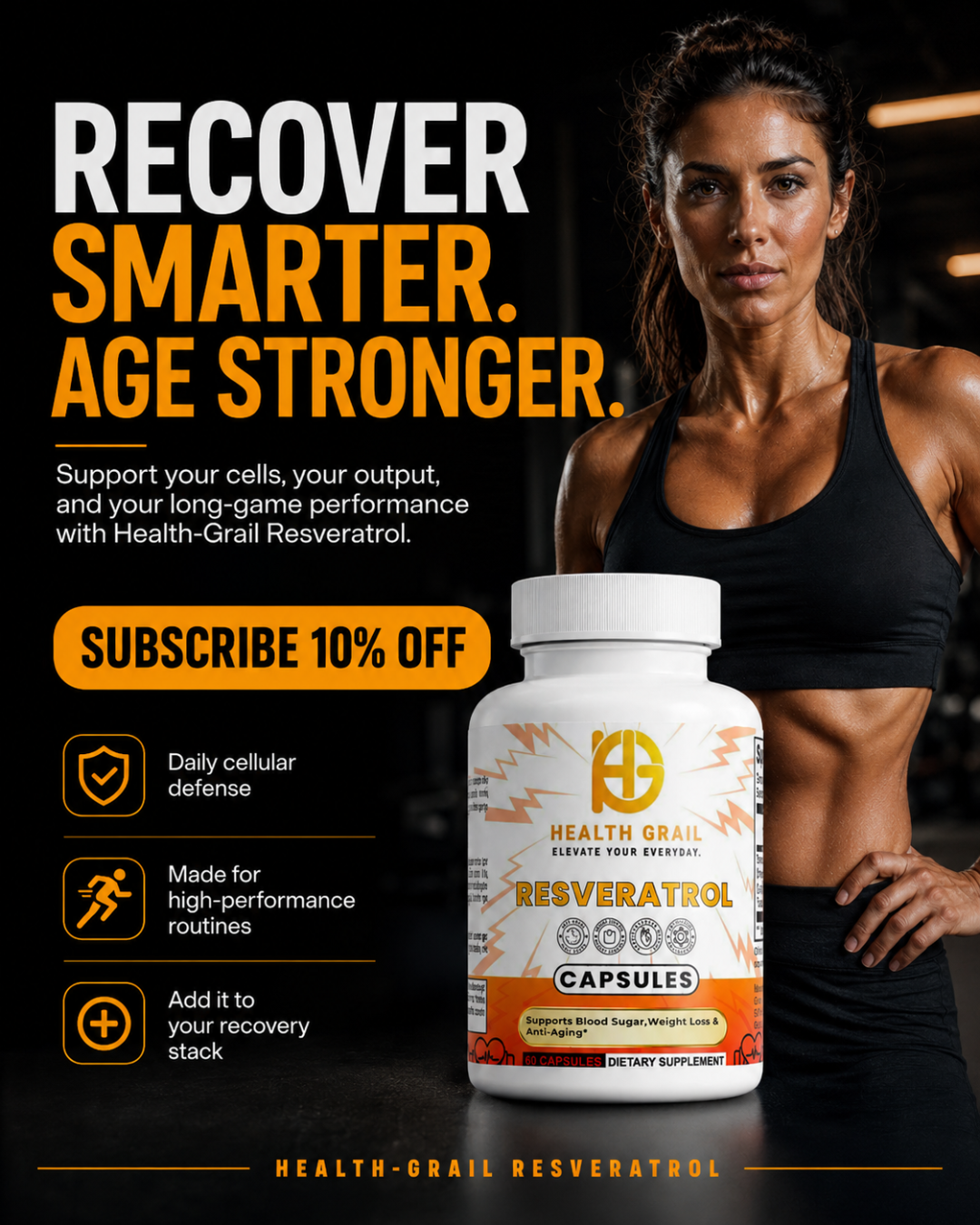 Supplement bottle with woman in athletic wear on a dark background, promoting 'Recover Smarter. Age Stronger.'