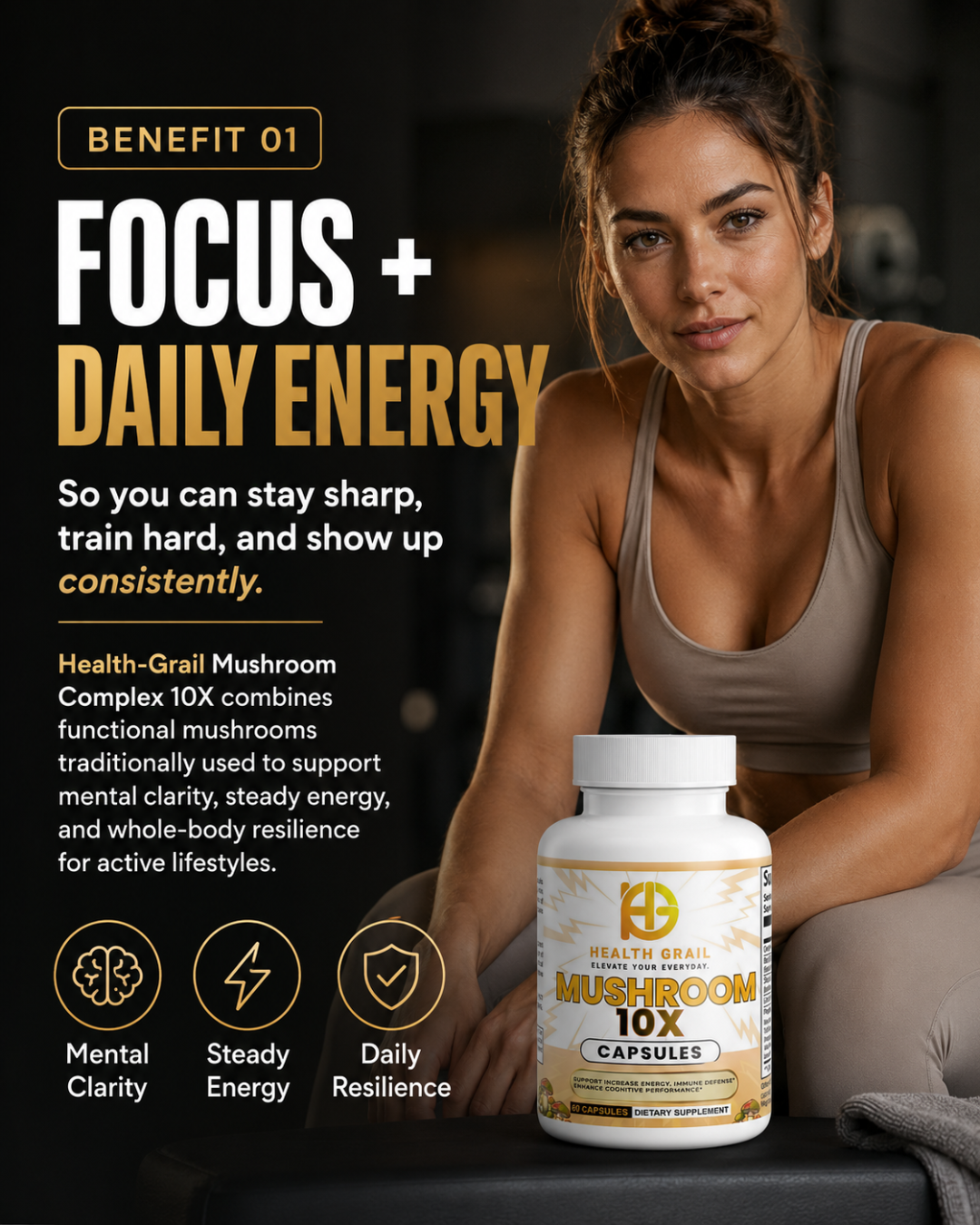 Woman holding a supplement bottle with text about focus, daily energy, and product benefits.