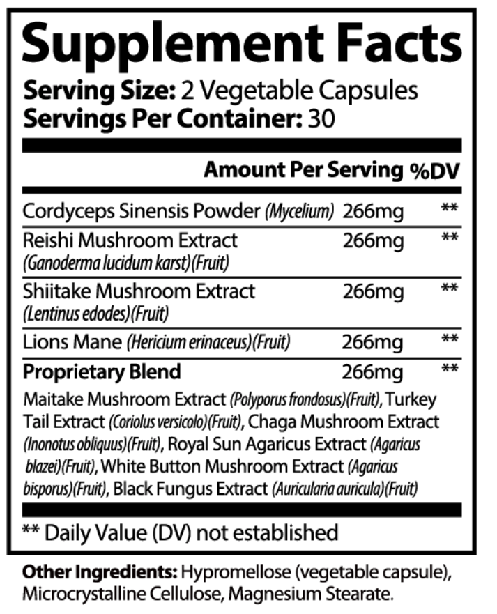 Supplement facts label with various mushroom extracts and other ingredients listed.