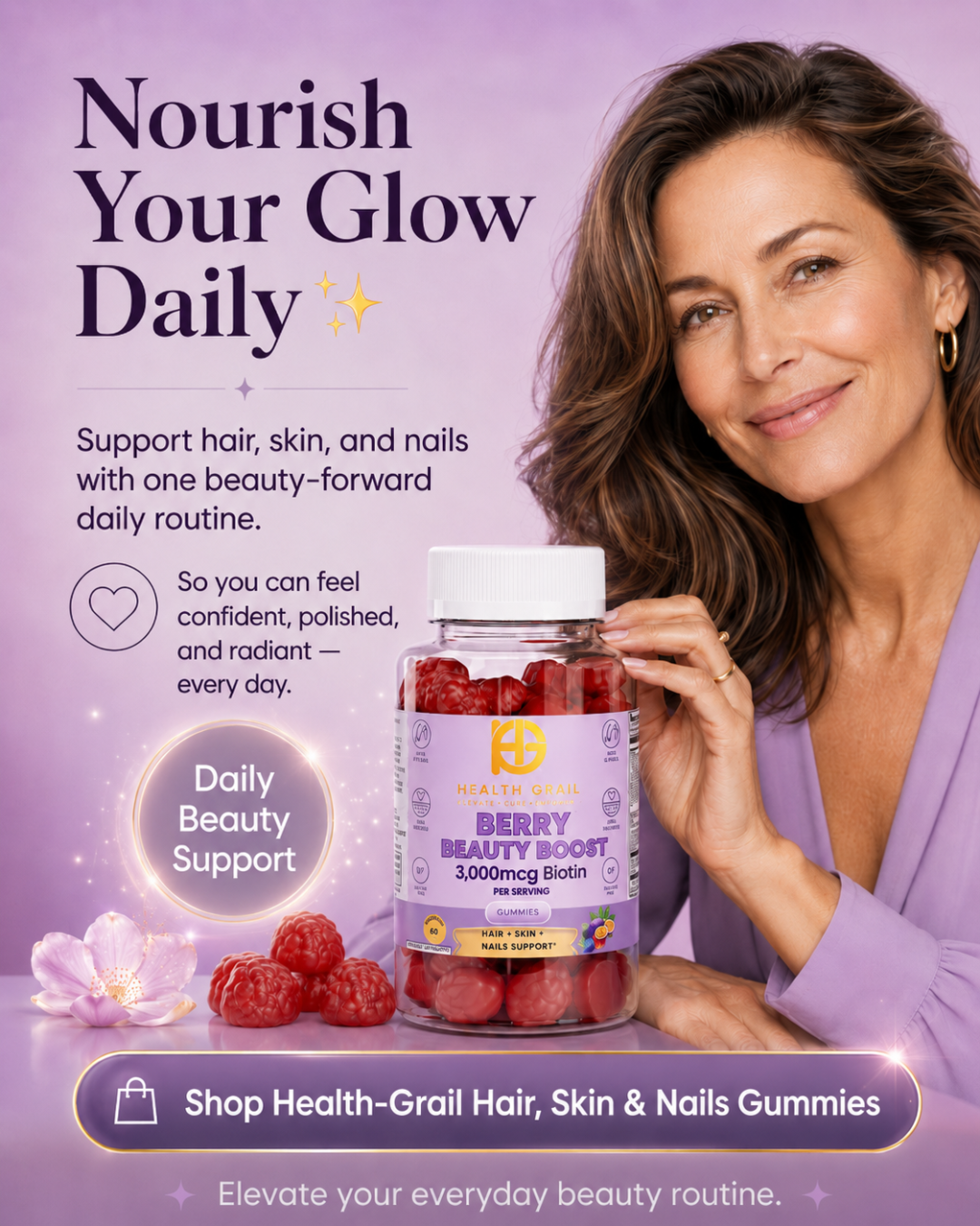 Woman holding a bottle of Beauty Boost gummies with promotional text on a purple background