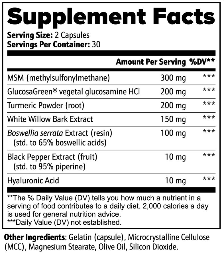 Supplement facts label with various ingredients and their amounts per serving.