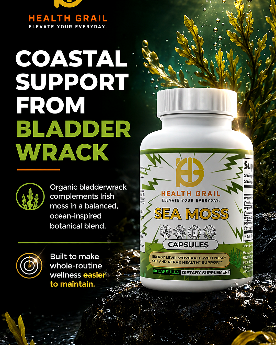 Health-Grail Sea Moss capsules featuring organic bladderwrack