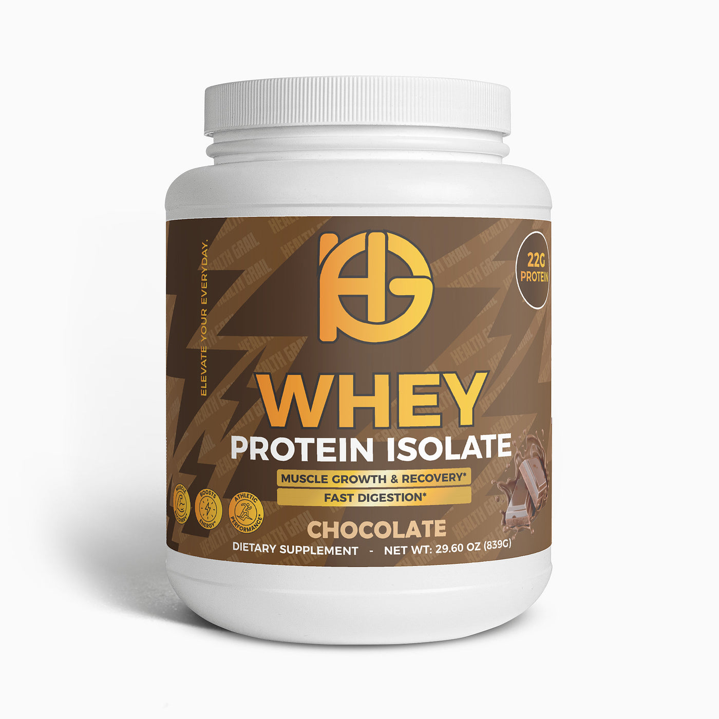 Health-Grail Whey Protein Isolate Chocolate container with 22 grams of protein per serving
