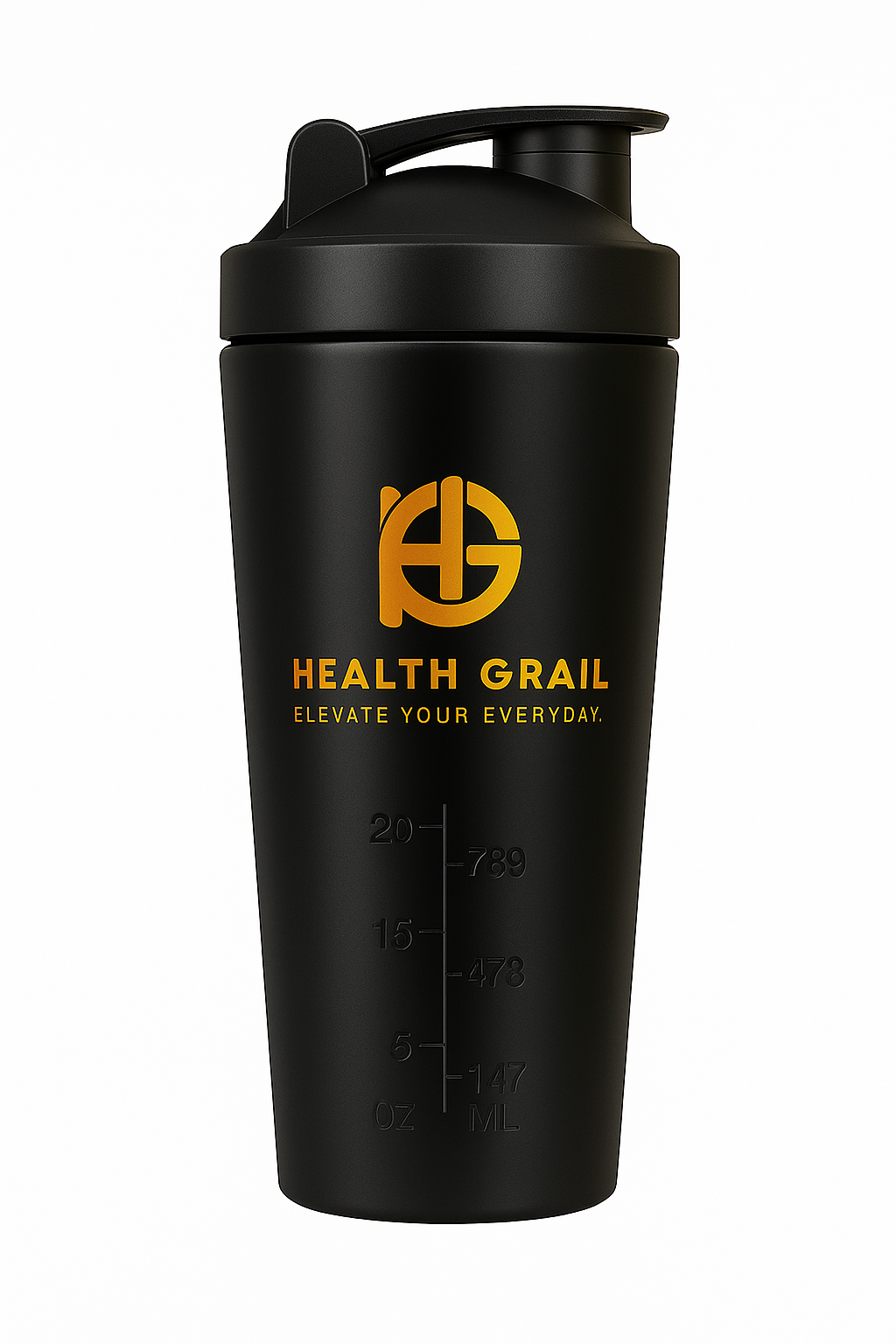 stainless steel shaker bottle Health-grail with sleek black design and measurement markings.